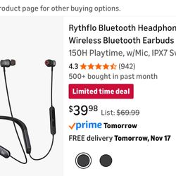 Rythflo Bluetooth Headphones Wireless Bluetooth Earbuds in-Ear Magnetic Neckband Earphone