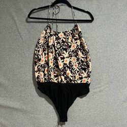Free People Floral Halter Bodysuit Black Motif Boho Blouson Large NEW