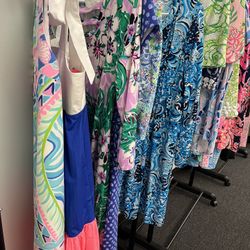 estate collection with lilly Pulitzer clothing, bright furniture and decor 