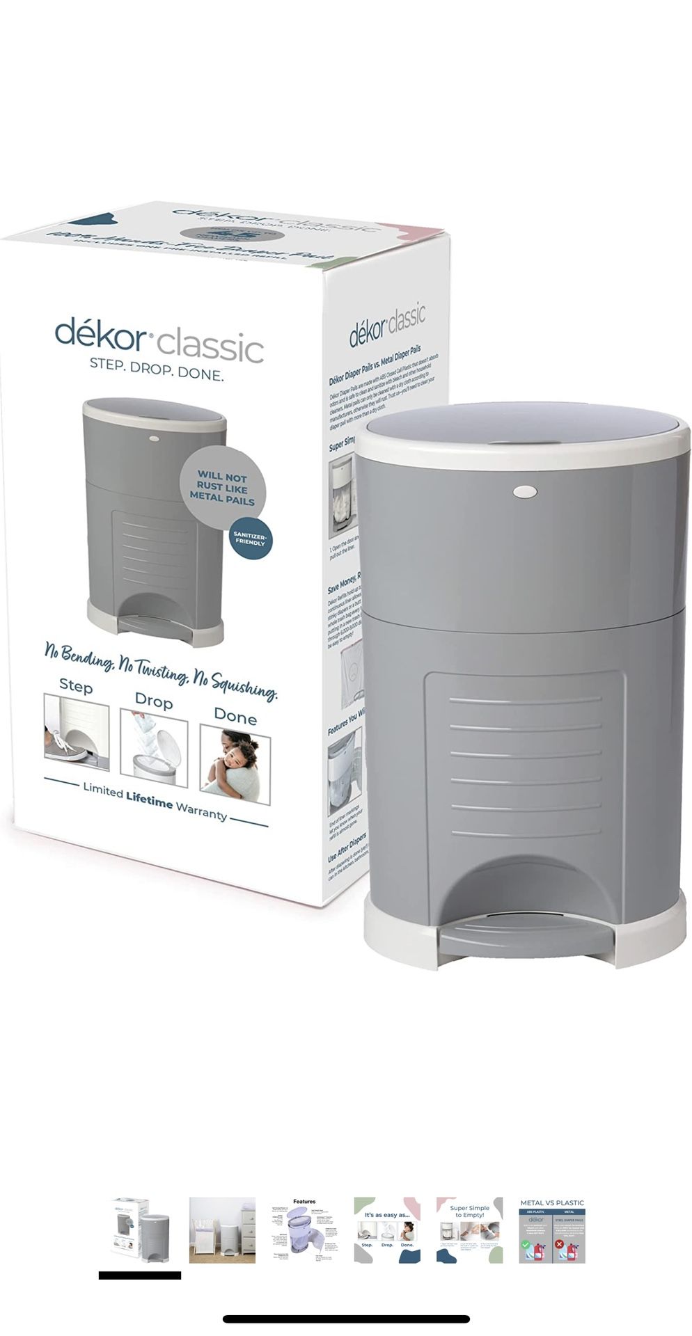 Dekor Classic Hands-Free Diaper Pail | Gray | Easiest to Use | Just Step – Drop – Done | Doesn’t Absorb Odors | 20 Second Bag Change | Most Economical