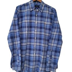 Ralph Lauren Blue Cotton Plaid Notch Collar Long Sleeve Oxford Shirt Size Large.
