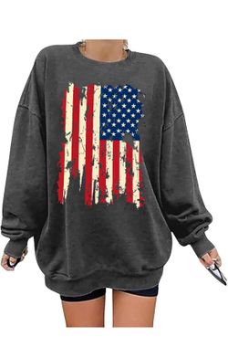 Brand New Oversized USA Flag Sweatshirt Women: Patriotic Tshirt 4th July Shirt Long Sleeve Casual Pullover Tops (Size XXL)