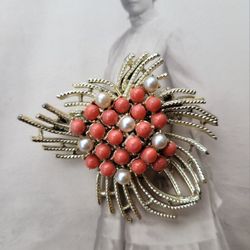 Vintage Coral Colored & Faux Pearl Cluster Brooch Pin