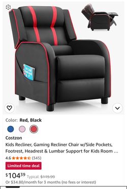 Kids  recliner, gaming  recliner, chair with side pockets,  adjustable