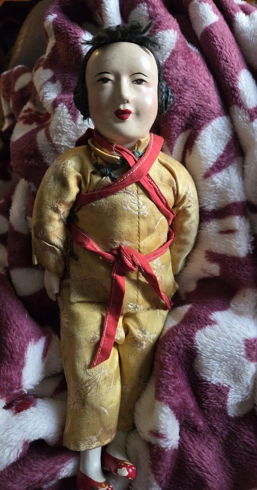 Vintage Chinese Porcelain Head Doll In Traditional Silk Outfit