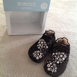 Robeez Beatrice Butterfly Black Velvet Upper Leather Soft Sole Baby Shoes