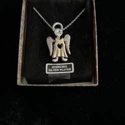 Jewelry, Necklace And Angel Pendant, Sterling Silver Plated In Box