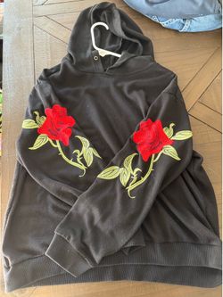 Black, cropped rose embroidered hoodie, size Large