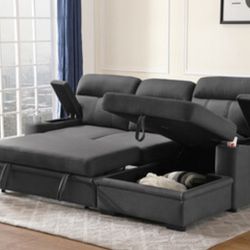 94" Fabric Sleeper Sectional Sofa Chaise with Storage Arms and Cupholder