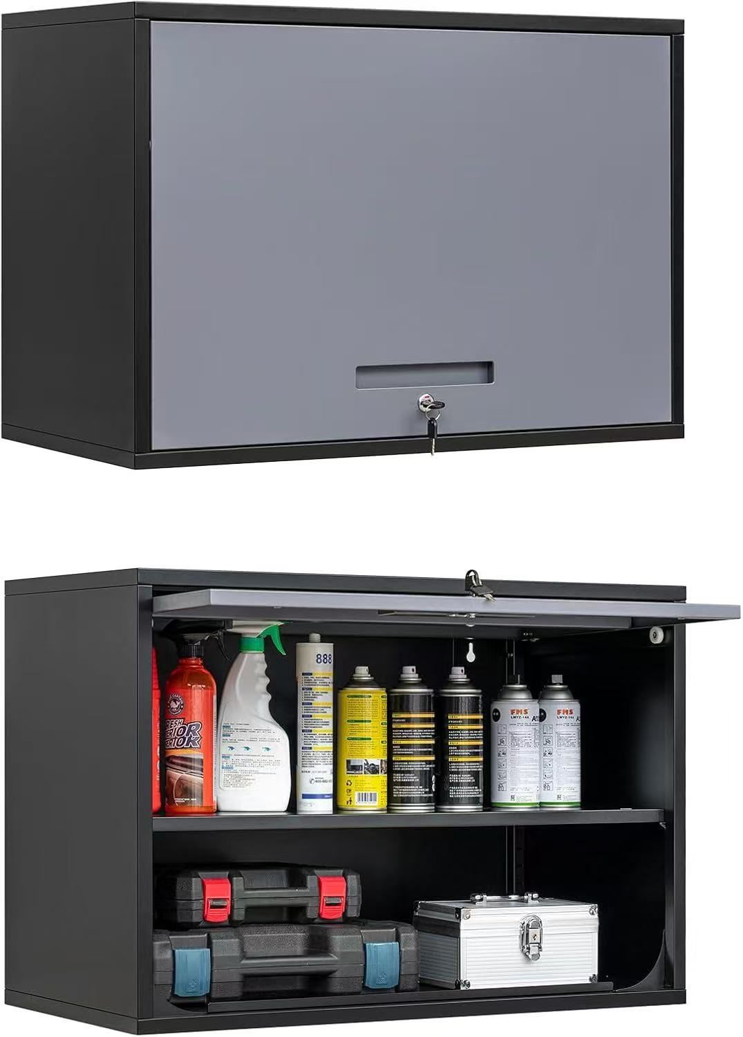 🥨Wall Storage Cabinet,21.6'' Tall Hanging Metal Garage Cabinet with Flip-Up Door, Lockable Tool Cabinet for Home Office Basement, Black&Grey