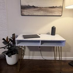 Modern Faux Marble Desk / Console Table with Gold Hairpin Legs