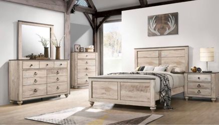 Washed walnut wood complete bedroom set in queen or king size