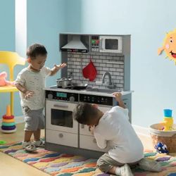 Wooden Play Kitchen Toy, Light on Microwave, Cabinet, Sound Electronic Stove, Microwave and Sink