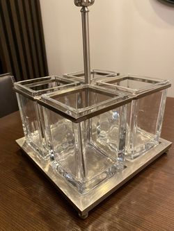 Godinger Flatware Caddy, Thick Clear Glass, Metal Base, 7.5”x7.5”