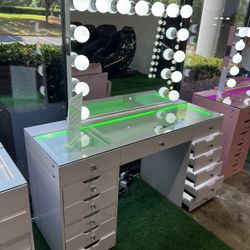 White Makeup Vanity and Bluetooth Speaker LED Mirror