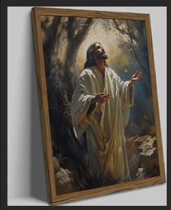 Framed Christian Jesus Canvas Wall Art, Jesus Praying Wall Decor Paintings, God Light Pictures Prints Religious Home Decor for Living Room Bedroom Chu