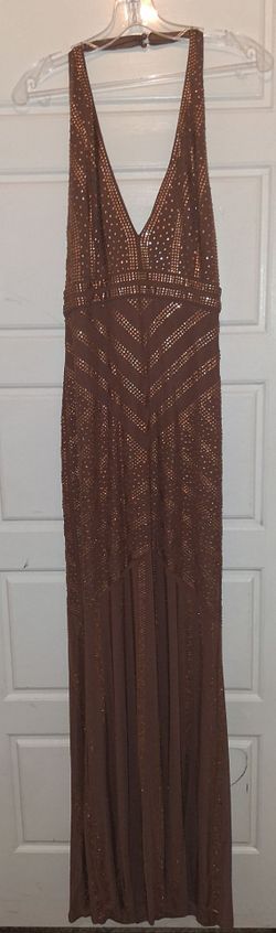 Brown Beaded Sleeveless Formal Maxi Gown (L)