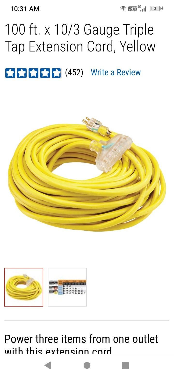 VANGUARD 100 ft. x 10/3 Gauge Triple Tap Extension Cord, Yellow Brand