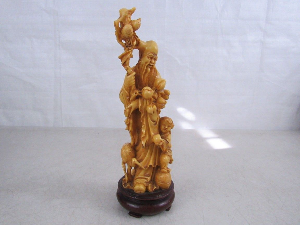 Chinese Asian Man With Boy & Crane Epoxy/Resin Statue 9 1/4" Tall