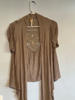 Boho Taupe Open-Front Cardigan with Crochet Detail large
