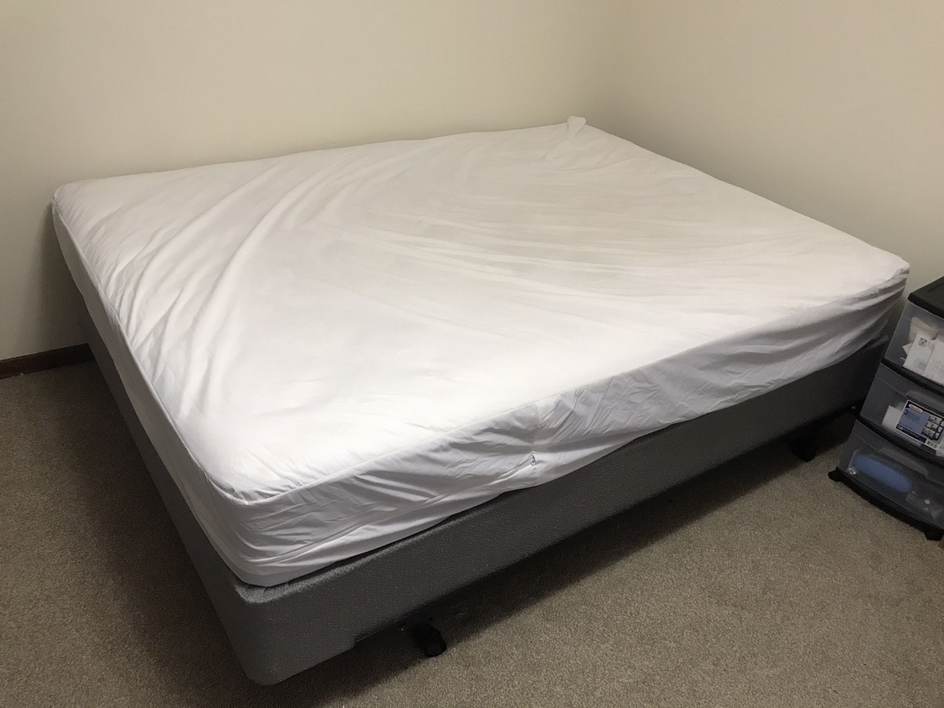 Queen-sized Mattress (Denver Mattress Co.)with waterproof cover, box spring, and bed frame all included