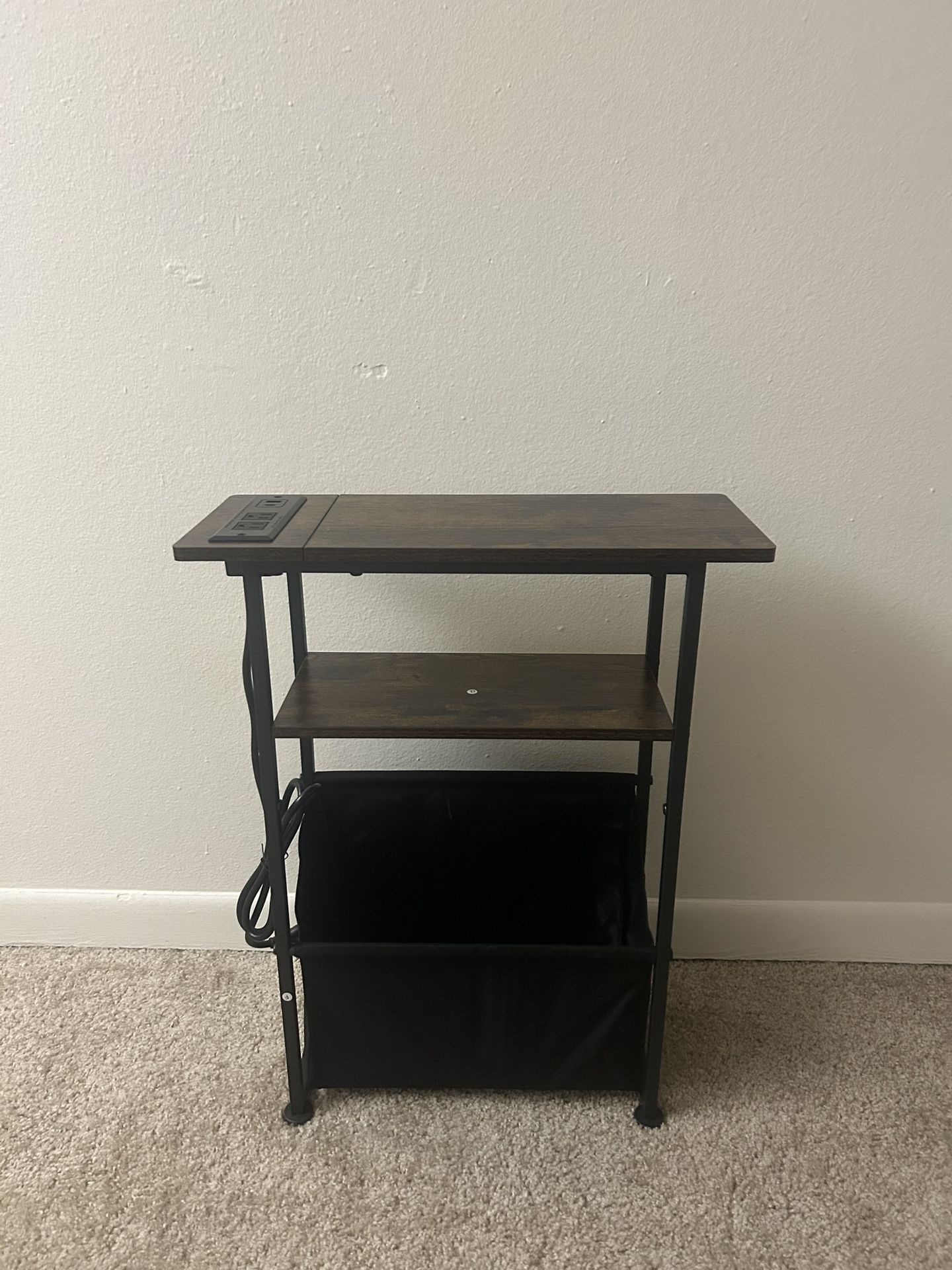 Narrow Side Table for Small Spaces, Skinny Charging End Table with Storage Basket,