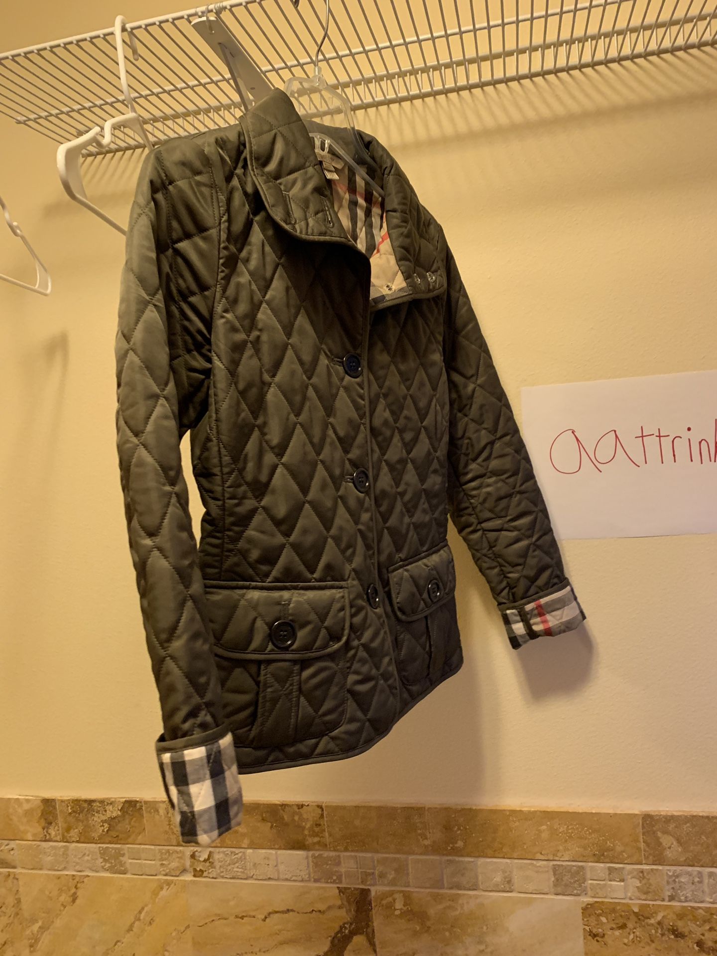 Burberry diamond quilted olive jacket, Burberry plaid inside