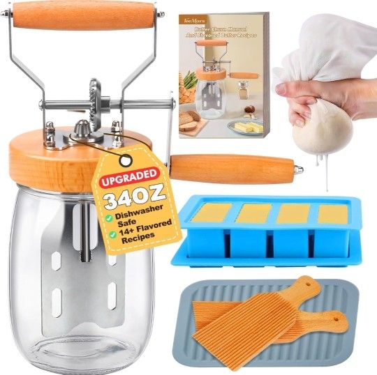 New Hand Crank Mason Jar, 34OZ Hand Butter Churner with 14 Flavored Butter Recipe, Butter Paddle