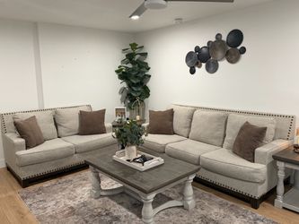 Complete Living Room Set – Ashley Sofa & Loveseat + Havalance Tables & TV Stand + 2 Accent Chairs