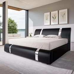 Faux Leather Upholstered Bed Frame with Adjustable Headboard, Iron Piece Decor
