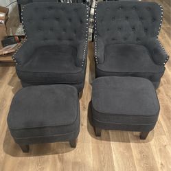 2 Elroy Ruffed Wingback Accent Chairs Grey W/Ottoman 