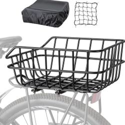 New Rear Bike Basket - Bicycle Rear Basket with Cargo Net and Waterproof Cover - Rear Mount Aluminium Bike Basket Large Capacity