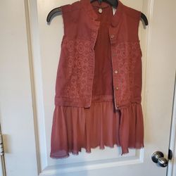 BKE BUCKLE Mandarin Collar Skirted Rust Vest-XS

