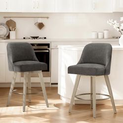 Counter Height Bar Stools Set of 2, Modern Swivel Barstools with Back and Wood Legs, Fabric Upholstered Bar Chairs, 26" Seat Height Counter Stools for