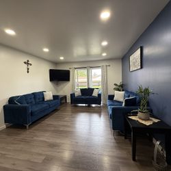 2 Navy Sofa + 1 Navy Love seat, With 4 White Throw Billow+ 3 Black Coffee Table +LG Smart TV