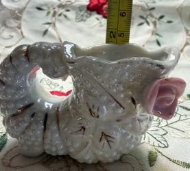 FIGURINE Vintage Porcelain Shell Shaped Pitcher with Pink Rose Accent