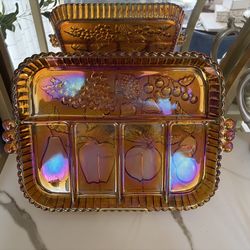 VTG AMBER/MARIGOLD CARNIVAL GLASS SERVING TRAY
