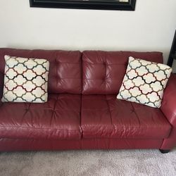 Red leather Love Seat With Pillows