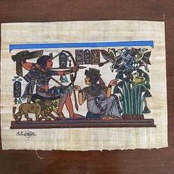 Vintage Egyptian Art on Papyrus with Gold Accents Scene of King Tut Hunting Hand Painted and Signed 