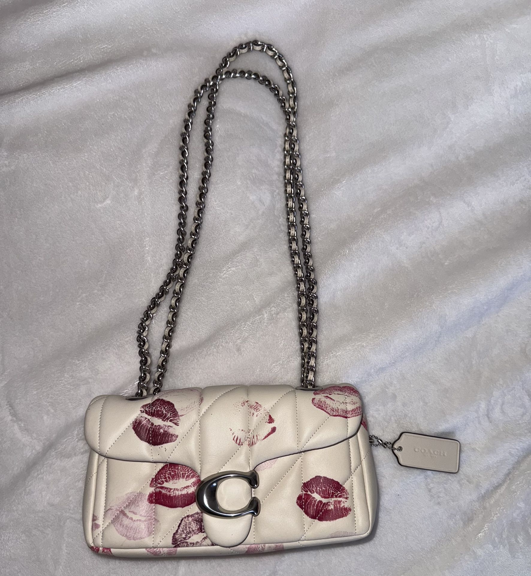 COACH Shoulder Bag Kiss Print White/Pink Leather Chain Shoulder Women