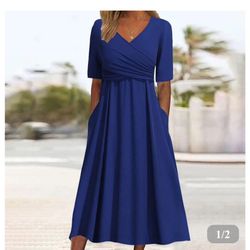 Blue Plain V-Neck Midi Dress