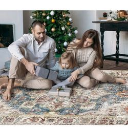 Vintage Area Rug 6'x9' Boho Beige Blue Chic Medallion Distressed