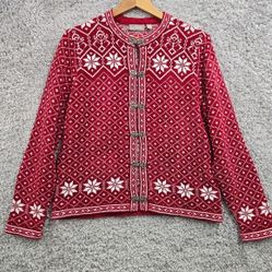 Croft &amp; Barrow Sweater Womens Medium Red Fair Isle Chenille Toggle Cardigan Snow 