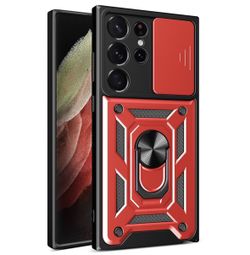 Samsung Galaxy S23 Ultra Case with Slide Camera Cover & Rotated Ring Kickstand Military Grade Shockproof with Magnetic Car Mount Holder Cover, Red