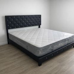 NEW BED FRAME BLACK OR GRAY WITH MATTRESS AND BOX SPRING