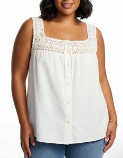 Lauren Ralph Lauren Cottagecore Cream Cotton Crochet Lace Yoke Button Tank 2X
