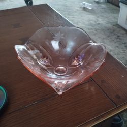 1930  Pink Depression Etched 3 Footed Bowl