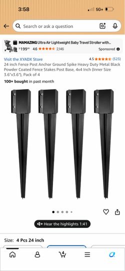 24-Inch Black Metal Fence Post Ground Spikes, Pack of 4
