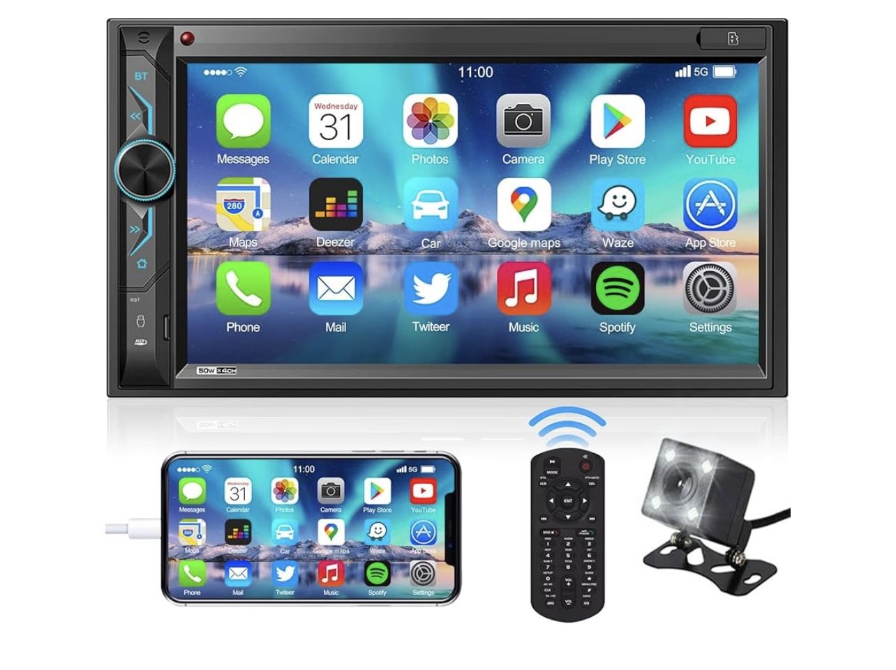 Double Din Car Stereo with Bluetooth: 7inch HD Car Multimedia Receiver – Car Audio MP5 Player | LCD Capacitive Touchscreen | Phonelink | Backup Camera