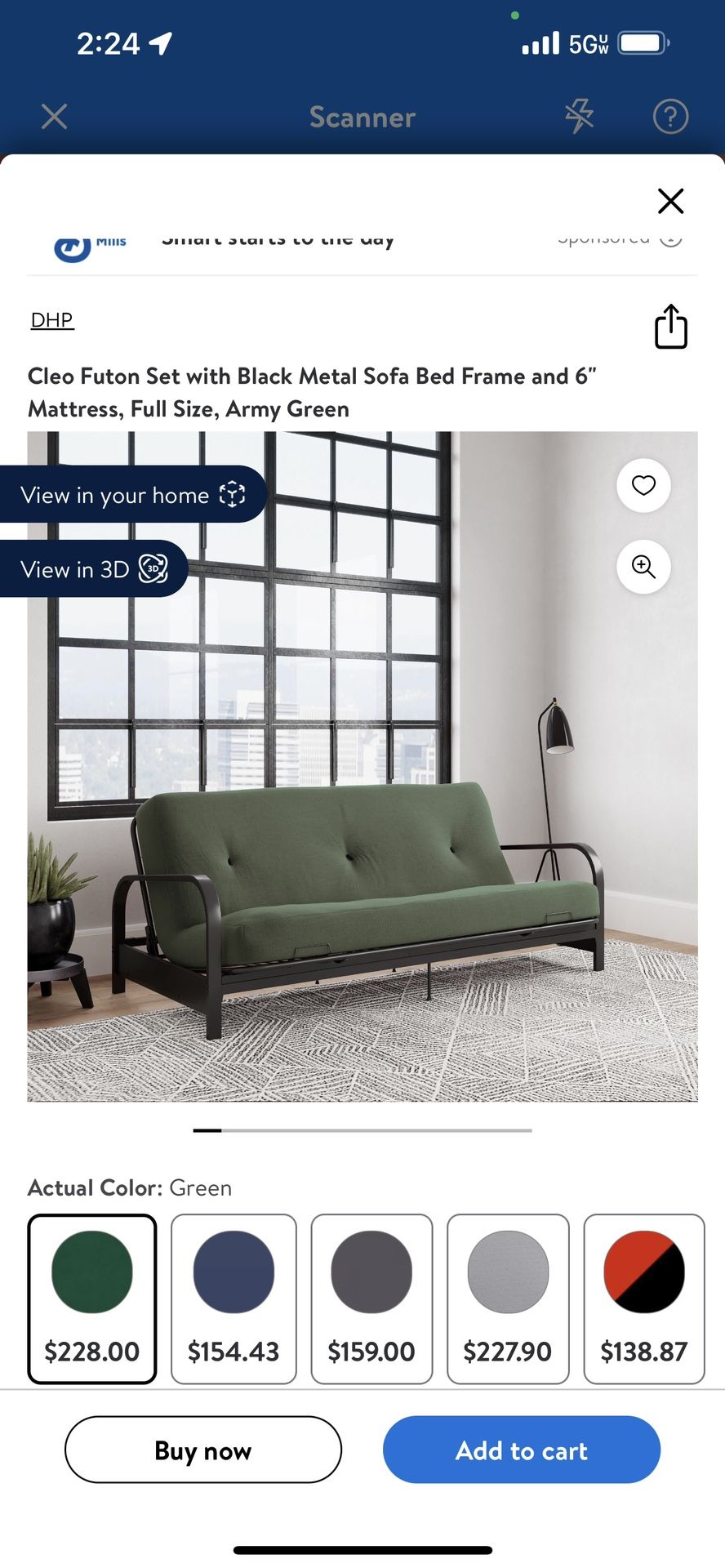 Cleo Futon Set with Black Metal Sofa Bed Frame and 6"Mattress, Full Size, Army Green Pm if interested
